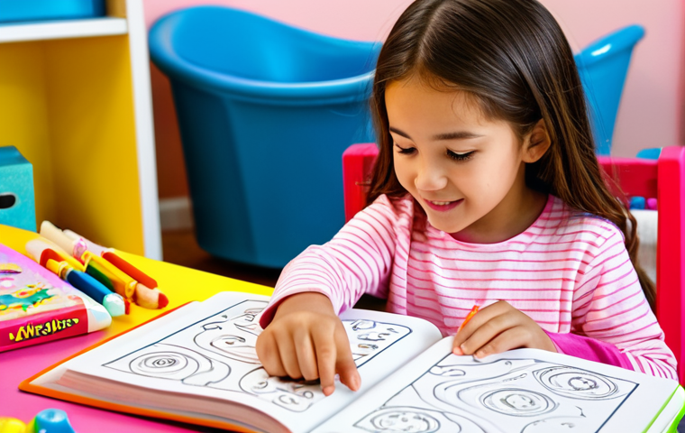 A young child, fully clothed in modest, comfortable attire, deeply focused on a vibrant Pinkfong activity book. The child's well-formed hands, with proper finger count, are actively engaged in coloring a character. The setting is a bright, tidy playroom with a few blurred, age-appropriate toys in the background. The child exhibits a natural pose and perfect anatomy, with correct and natural body proportions. Professional photography, high quality, warm lighting, showcasing concentration and joy. Safe for work, appropriate content, fully clothed, family-friendly.