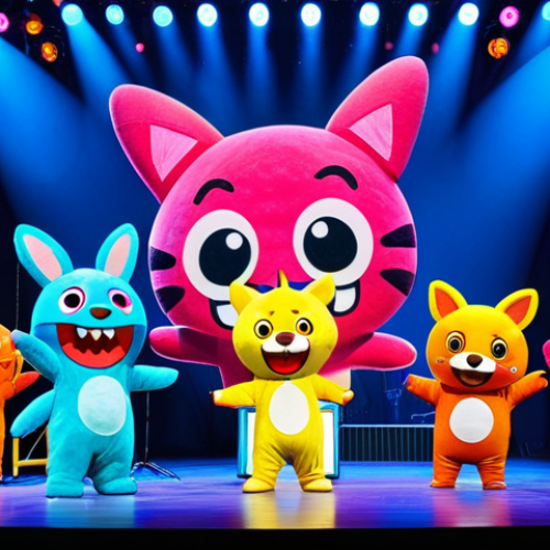 Home 6 Pinkfong Musical Experience**
"A vibrant scene from a Pinkfong live musical performance. Children are singing and dancing along with fully clothed Pinkfong characters on a brightly lit stage. The backdrop is colorful and engaging. Safe for work, appropriate content, fully clothed, family-friendly, perfect anatomy, correct proportions, natural pose, professional stage photography, high quality."
**
