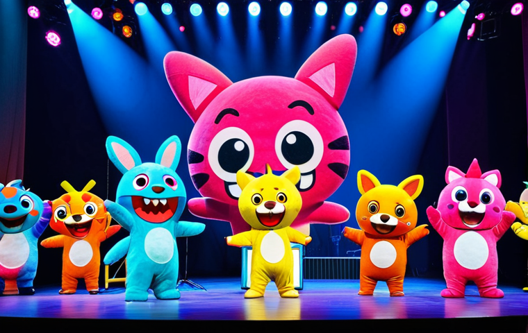 Pinkfong Musical Experience**
"A vibrant scene from a Pinkfong live musical performance. Children are singing and dancing along with fully clothed Pinkfong characters on a brightly lit stage. The backdrop is colorful and engaging. Safe for work, appropriate content, fully clothed, family-friendly, perfect anatomy, correct proportions, natural pose, professional stage photography, high quality."
**